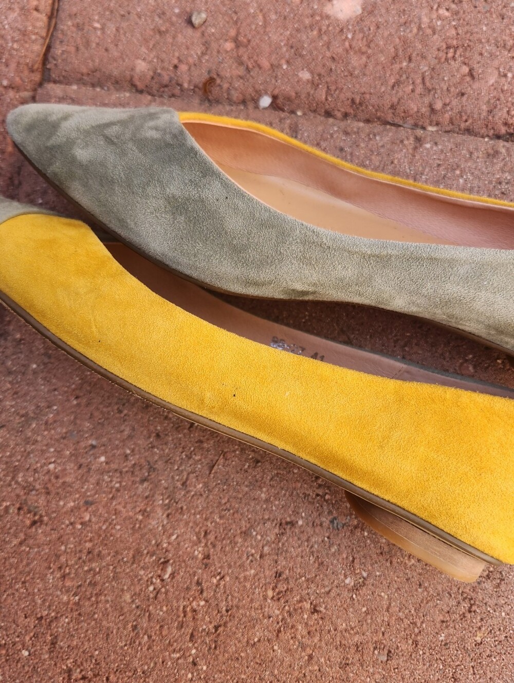 Suede Pointed-Toe Two-Tone Flats in Mustard Yellow and Sage Green